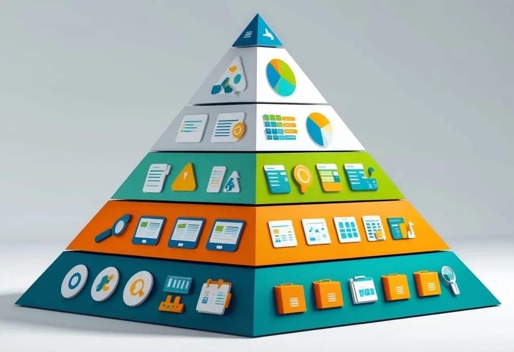 Illustration of a tech stack pyramid: base shows research tools, middle shows listing tools, top shows fulfillment/logistics