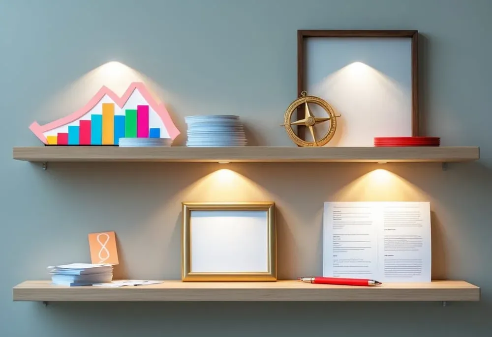 A wooden shelf against a clean wall, each shelf holding symbolic items