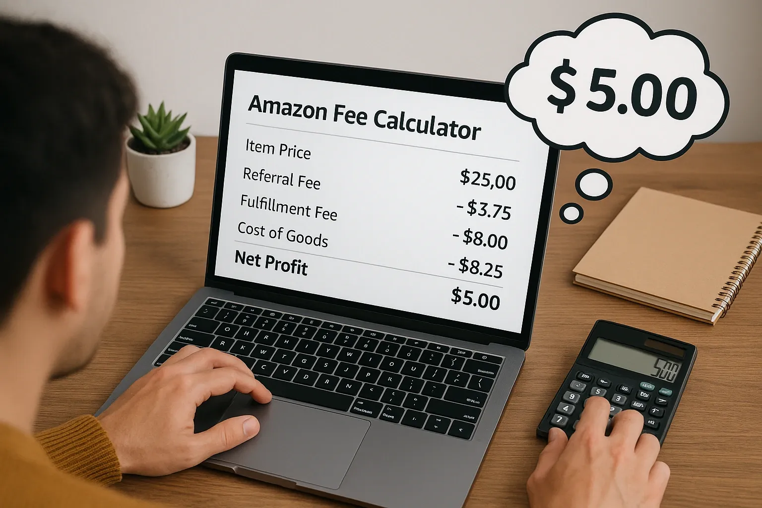 Seller at a desk inputting numbers into an Amazon Fee Calculator on a laptop. The screen shows real-time breakdown of costs, with thought bubbles reflecting net profit.