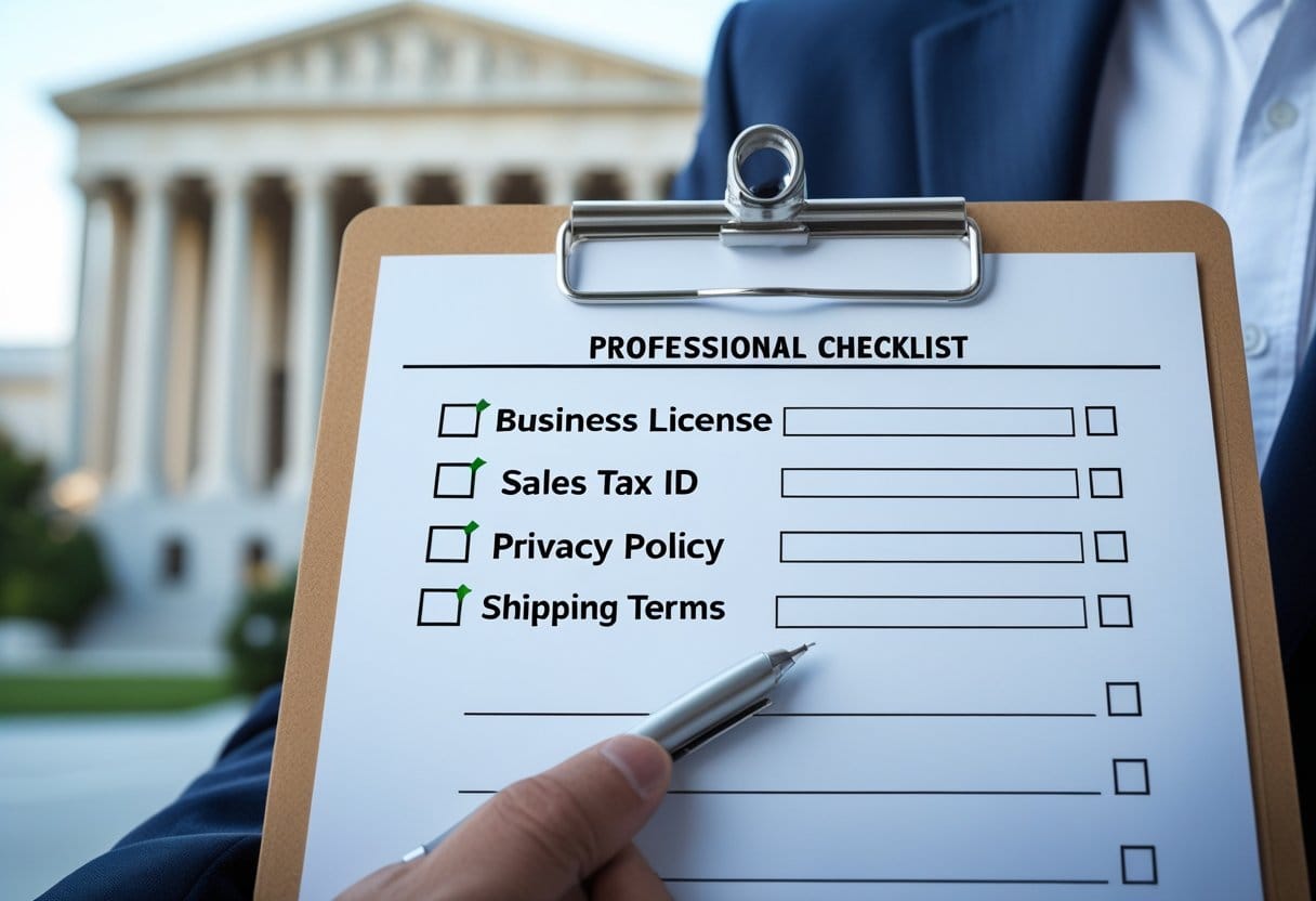 Checklist with Legal Documents and Permits Visualize a clipboard with a checklist: “Business License,” “Sales Tax ID,” “Privacy Policy,” “Shipping Terms.” A government building can appear faintly in the background.