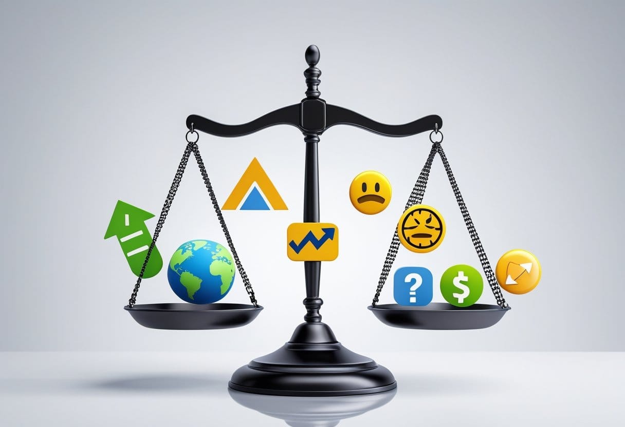 the classic justice scale, but instead of gold bars, each side is filled with icons: Left (Pros): Shopping cart, graph arrow, world icon, automation gear Right (Cons): Alarm clock, angry emoji, shipping box with question mark, refund icon