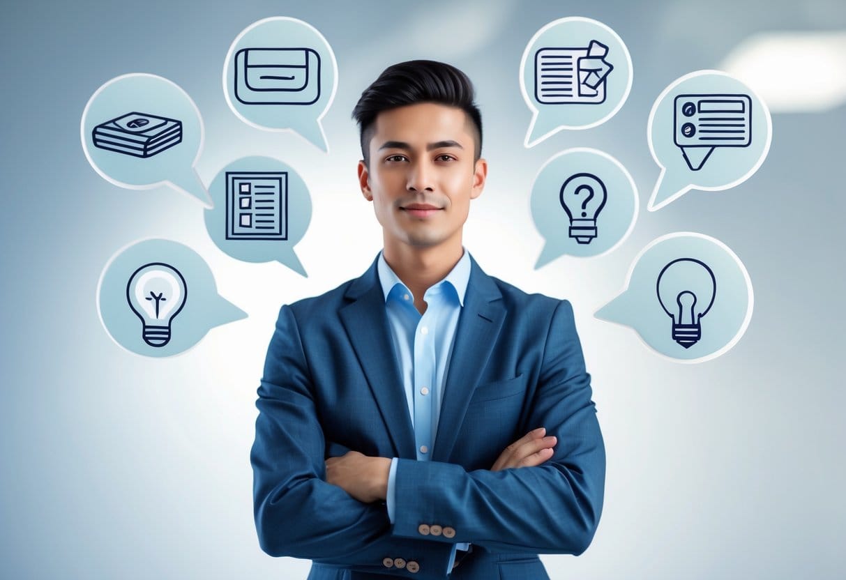 A central character (aspiring entrepreneur) stands in front of floating question bubbles, each with icons representing top concerns: 💸 “How much does it cost?” (wallet icon) 📦 “What should I sell?” (product box) 🧾 “Do I need a license?” (checklist or document) 📣 “How do I get traffic?” (megaphone or search icon) ✨ “Can I start with no experience?” (lightbulb)