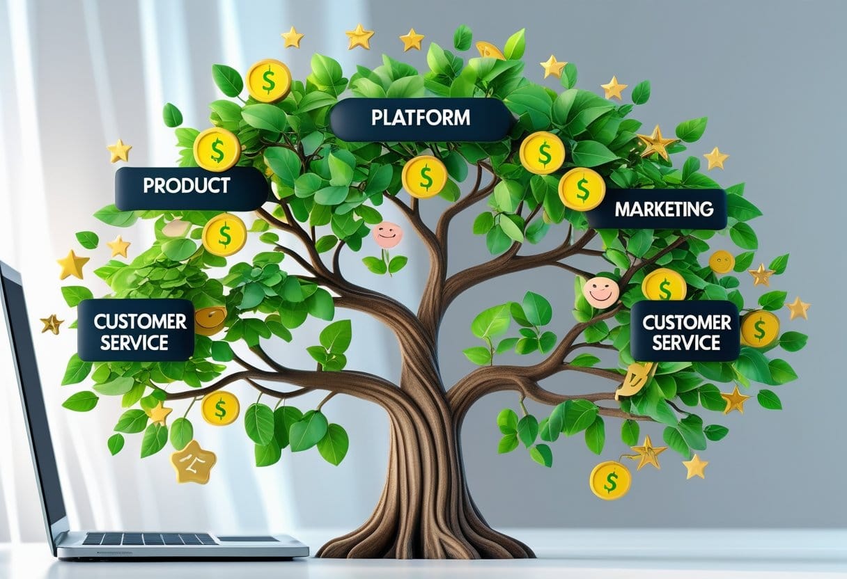an ecommerce “growth tree” where the trunk is a laptop or online storefront, and branches represent key pillars: Product Platform Marketing Analytics Customer Service Leaves show dollar signs, stars (reviews), and happy faces (loyal customers)