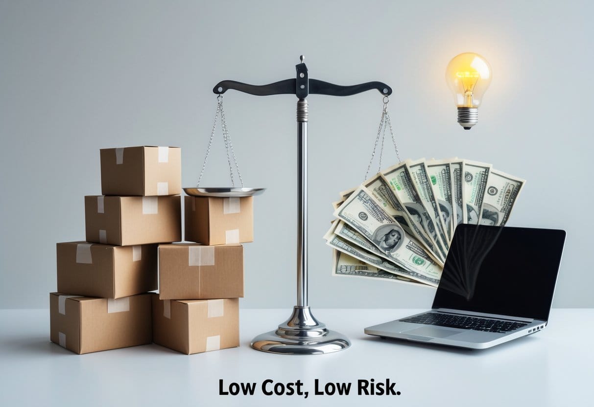 A balance scale: on one side, heavy boxes and expenses; on the other side, a laptop, lightbulb, and dollar bills — caption: “Low Cost, Low Risk”