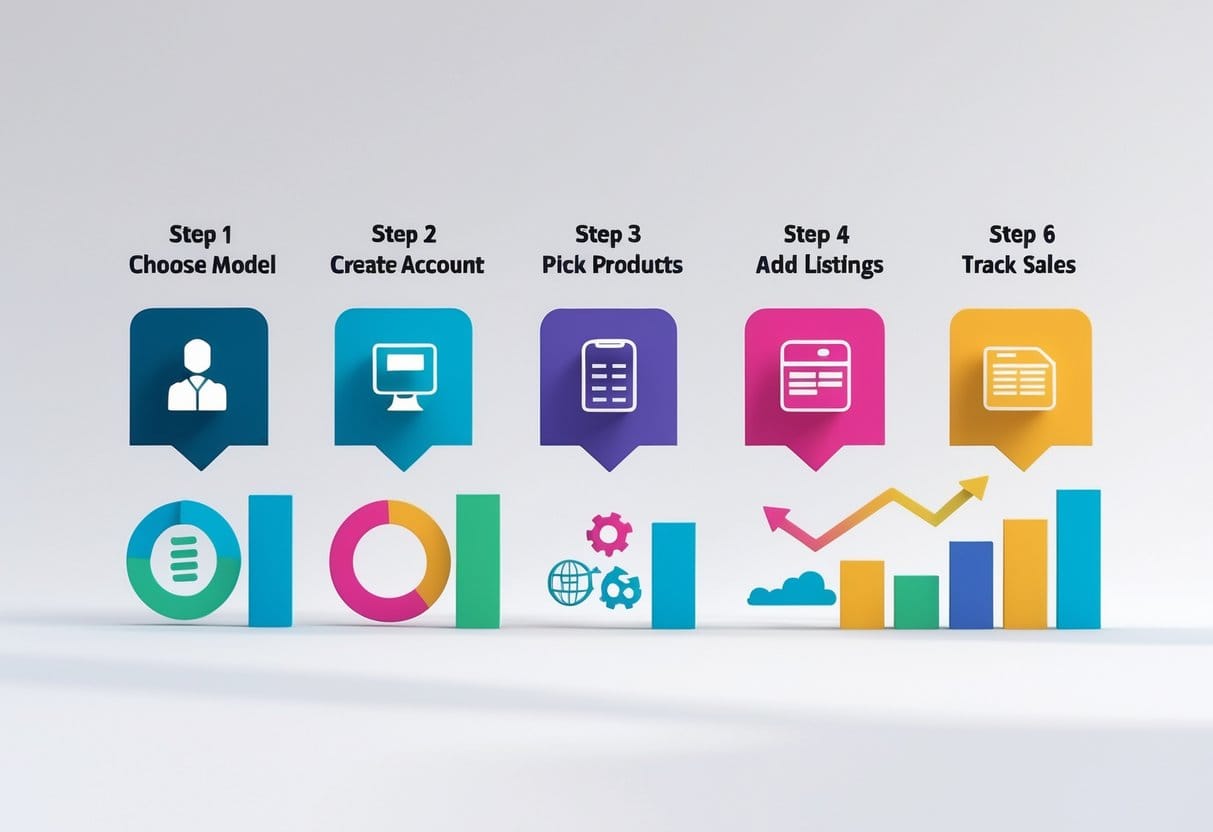 Numbered steps illustrated Choose model → Create account → Pick products → Add listings → Optimize SEO → Track sales — with icons for each
