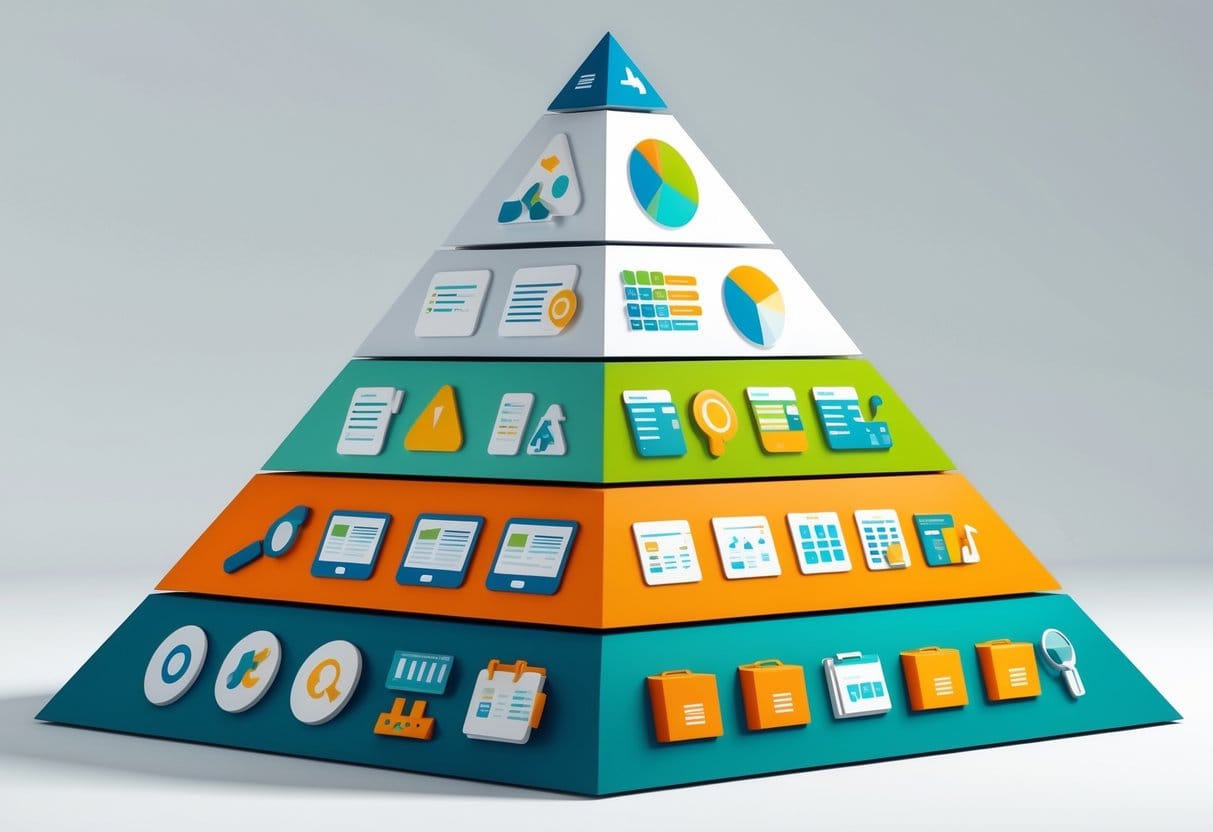 Illustration of a tech stack pyramid: base shows research tools, middle shows listing tools, top shows fulfillment/logistics