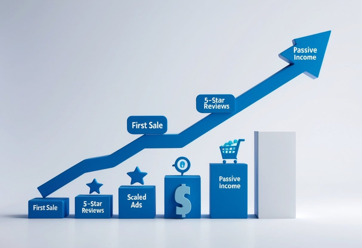 Graph moving upward with milestone markers: First Sale, 5-Star Reviews, Scaled Ads, Passive Income