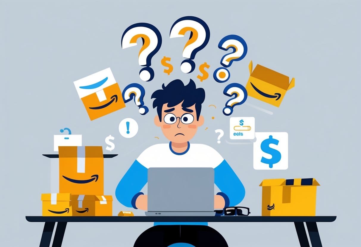 A digital illustration of a confused young seller sitting at a desk with Amazon logos, question marks floating above their head, and icons like a shipping box, dollar sign, and a laptop around them. Flat design, bright colors, clean style, ecommerce concept.