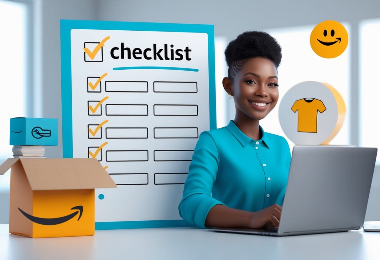 A clean digital illustration showing a checklist with all boxes ticked off next to a smiling seller using a laptop. Behind them are symbols for dropshipping, print-on-demand, and Amazon. The visual should feel like a celebration of progress.