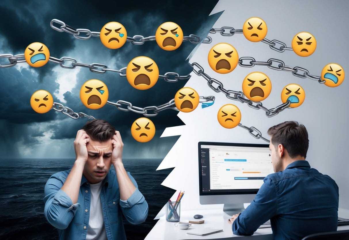 A chaotic storm of broken links and angry emoji clouds swirling above a creator holding their head in frustration — contrasted with a calm creator fixing links.
