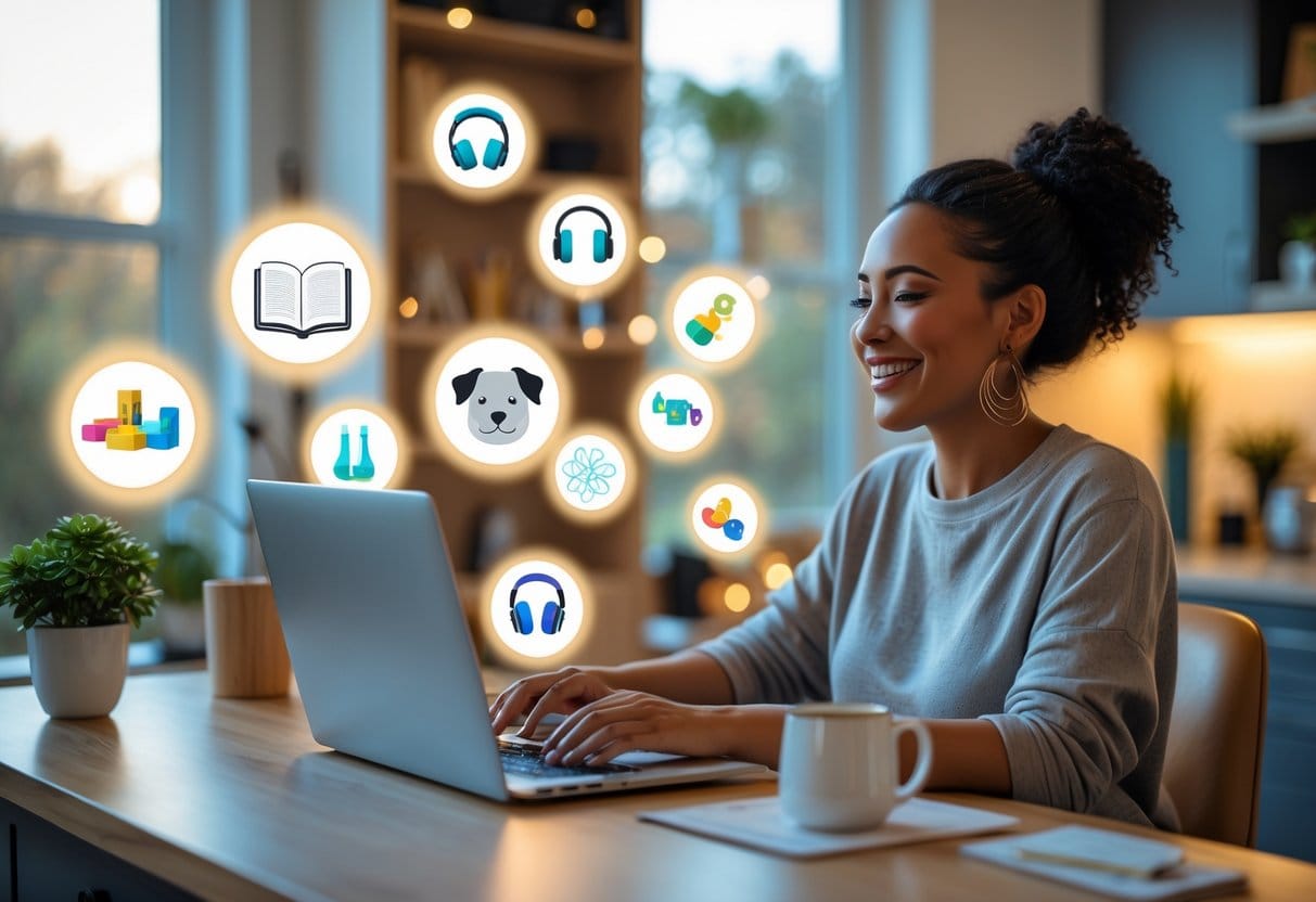 A smiling content creator at home sitting at a cozy desk, browsing Amazon on a laptop. Around them float glowing icons representing different product categories—books, headphones, pet toys, kitchen gadgets—symbolizing the wide variety of products available for affiliate promotion.