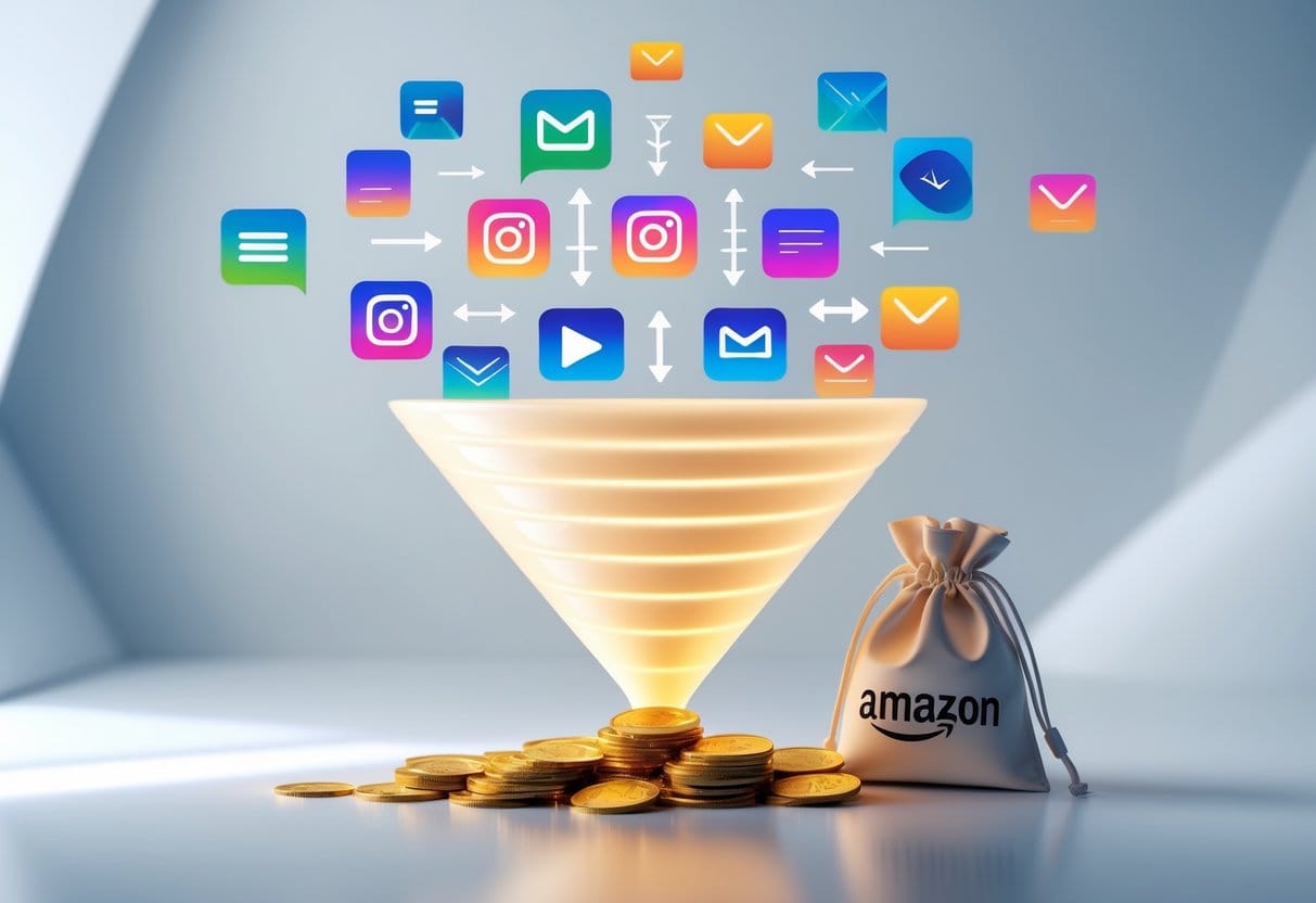 A metaphorical funnel image: different types of content (blog posts, YouTube thumbnails, social media photos, and email icons) float above a large glowing funnel. At the bottom, gold coins trickle out into a small Amazon-branded pouch.