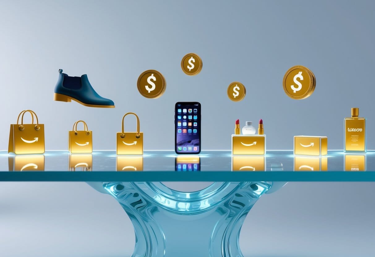 A semi-realistic 3D scene with a glowing glass table. On the surface, various Amazon product categories (like fashion, tech, beauty, and books) are represented by small glowing icons or mini-products. Floating above each are golden coins or percentage symbols, varying in size to represent different commission rates.