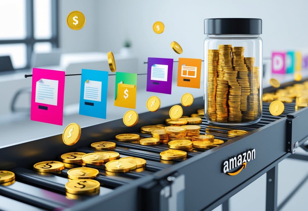 A stylized conveyor belt: blog post drafts, video thumbnails, product images move along the belt. As each piece hits a checkpoint, it transforms into coins and drops into a transparent Amazon jar at the end