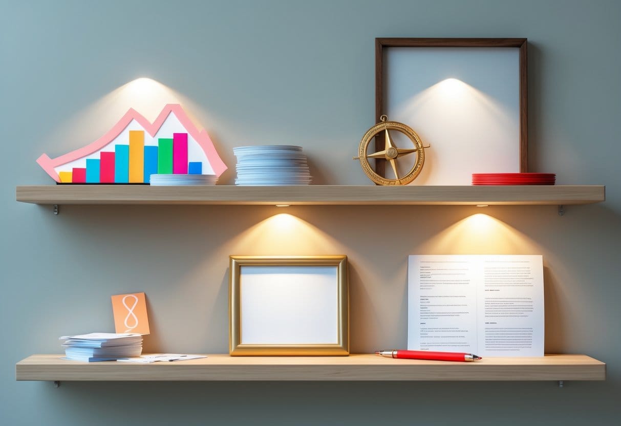 A wooden shelf against a clean wall, each shelf holding symbolic items: A graph-shaped sculpture (for Google Trends) A compass resting on keywords (for Ubersuggest) A paint palette and screen frame (for Canva) A digital link chain icon (for Pretty Links) A red pen next to a clean white manuscript (for Grammarly)