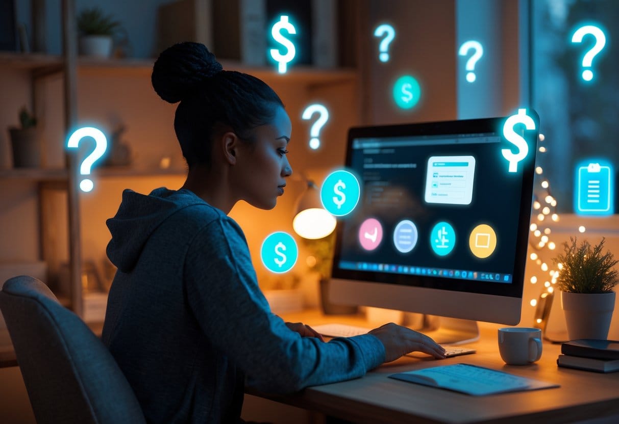 A semi-realistic scene of a person sitting at a cozy desk, surrounded by floating question marks and glowing icons: a dollar sign, a gift card, a mobile phone with a notification icon, a checklist, and a package return symbol. The person appears calm and focused, as if reviewing answers on a screen.
