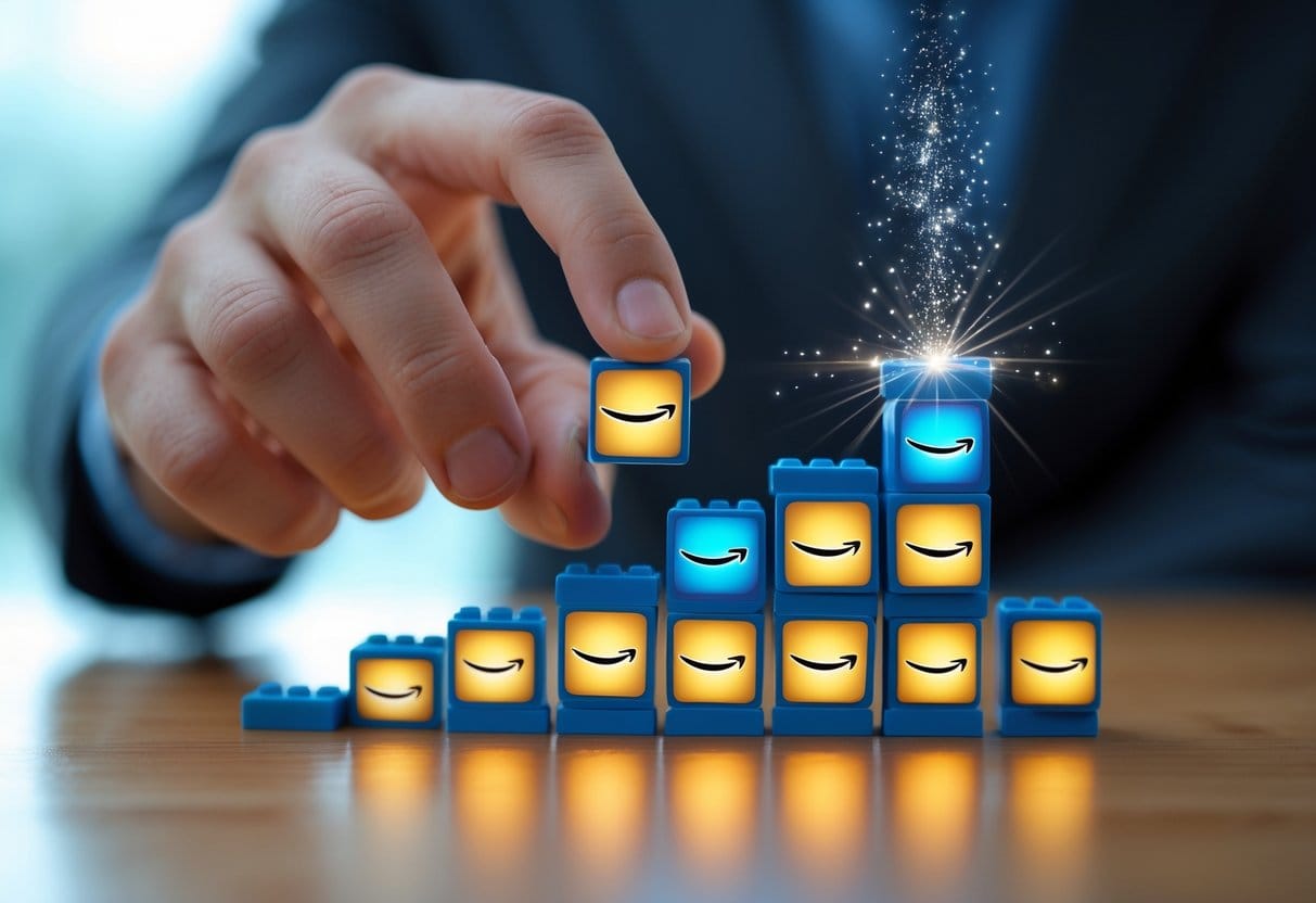 A close-up of a hand placing a small building block onto a growing staircase made of Amazon product icons, each step glowing brighter. At the top, there’s a subtle sparkle symbolizing success or achievement.
