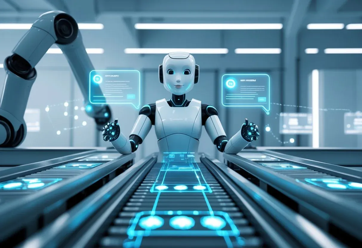 A “factory-style” fulfillment scene where the chatbot is orchestrating different ecommerce tasks—order tracking, refunds, and support tickets—depicted as conveyor belts or robotic arms processing data smoothly and efficiently.