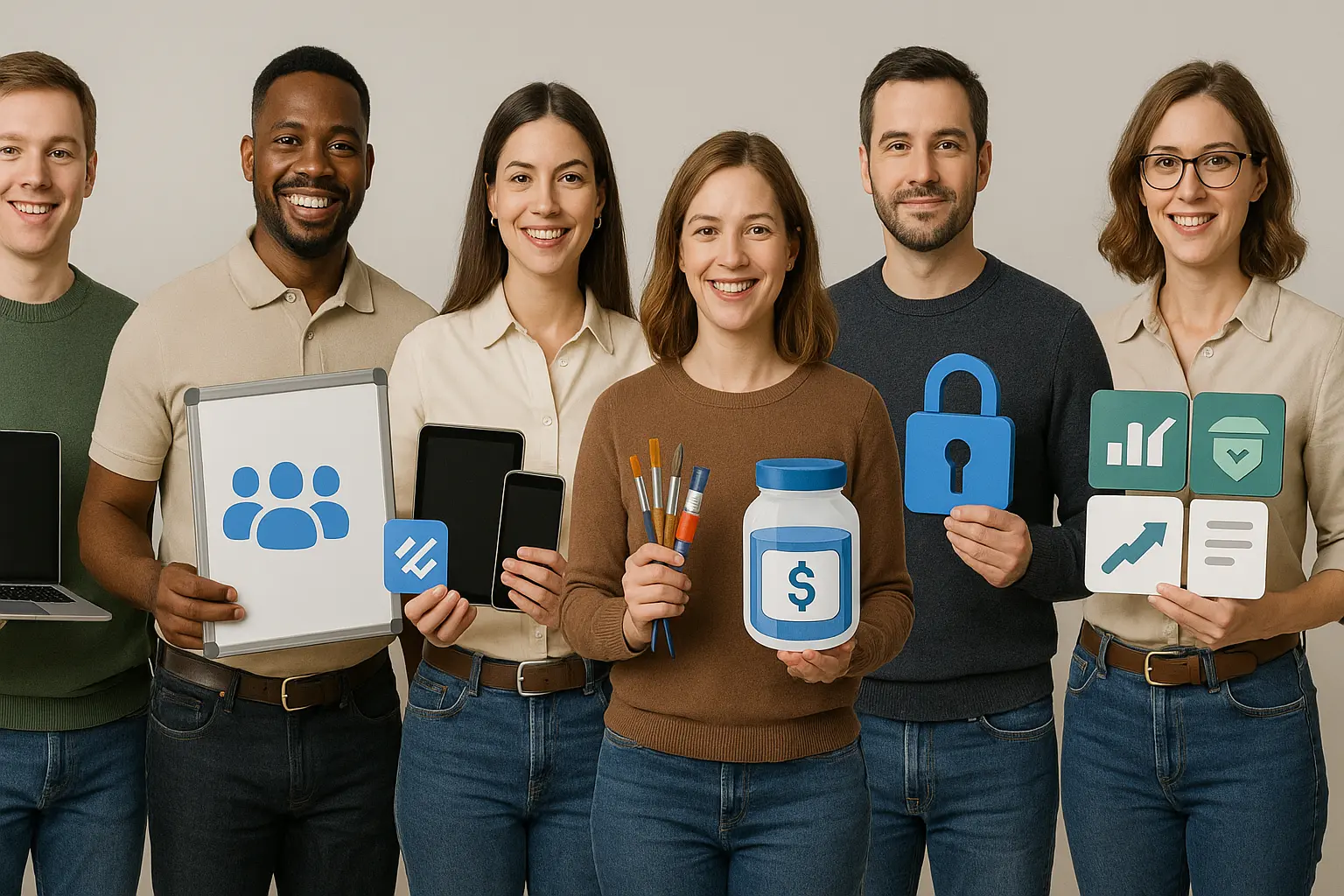 A “toolbelt” concept image showing six characters, each holding tools that represent a platform’s strength.