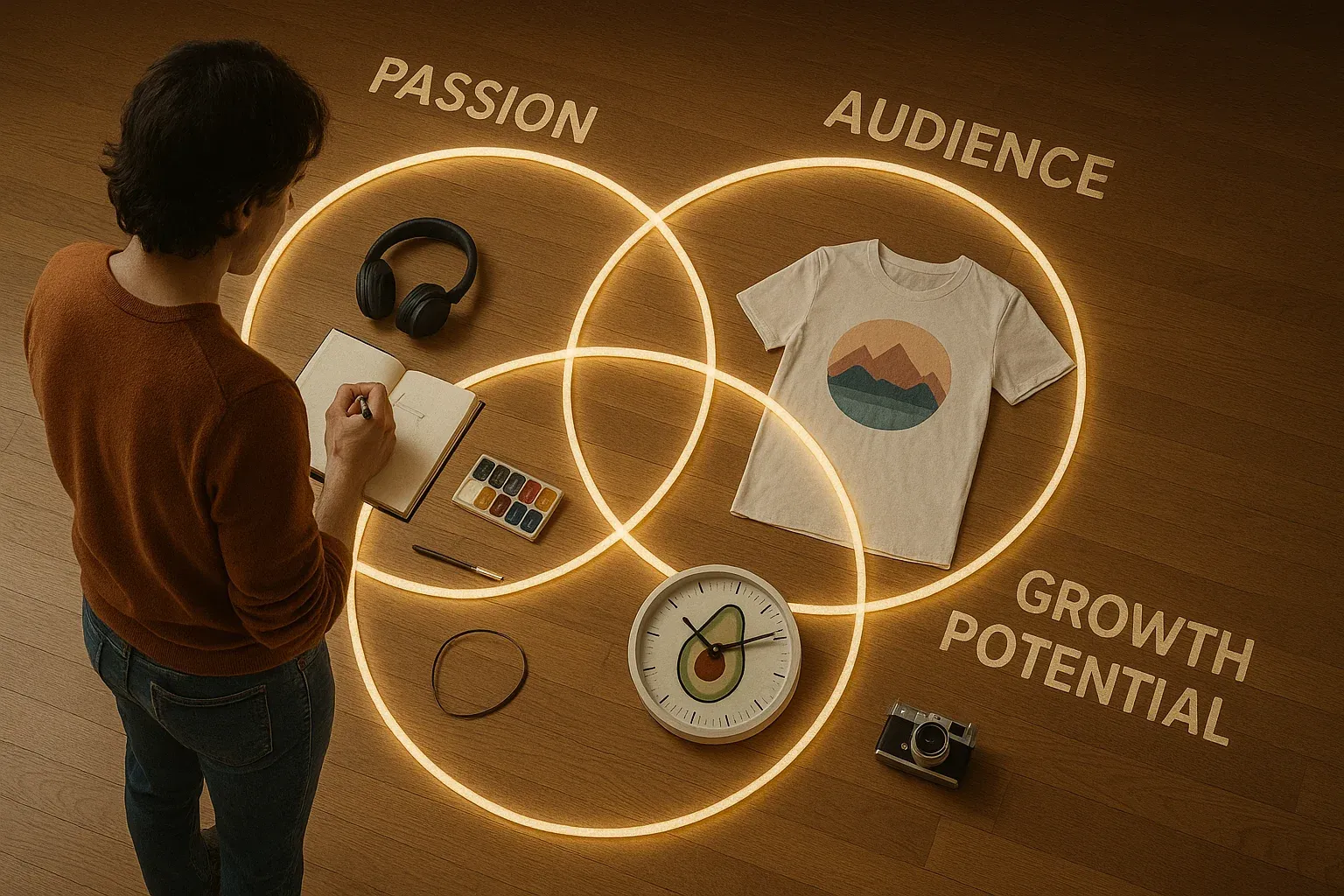 A Venn diagram visual metaphor in a real-world scene—three overlapping circles made of string or light labeled visually as “Passion,” “Audience,” and “Growth Potential,” with a person standing in the center, sketchbook in hand, surrounded by creative tools and POD product samples.