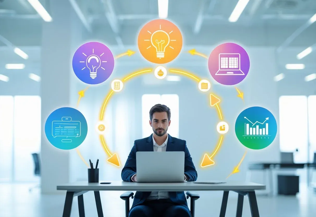 A clean, modern workspace showing a single marketer surrounded by floating icons or holograms representing each stage of an AI-powered workflow