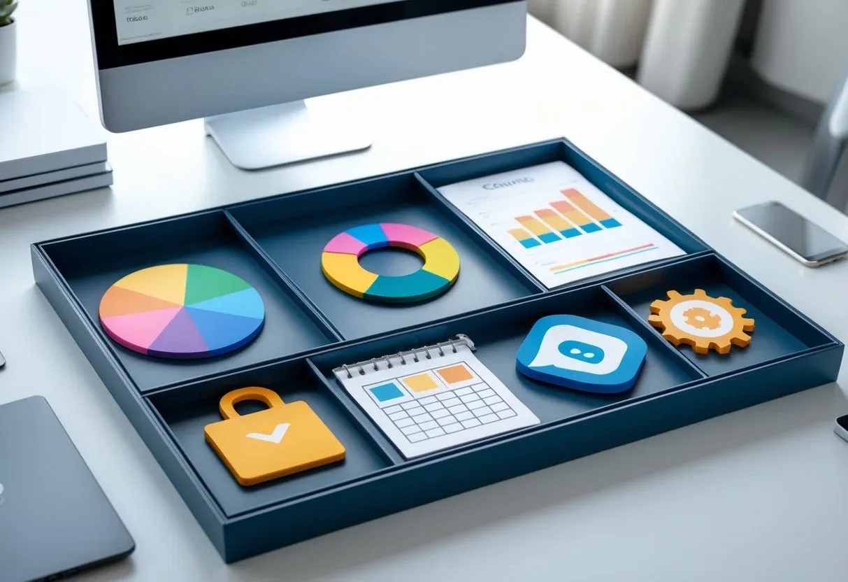 A digital “toolbox” laid open on a modern desk, showing six compartments with symbolic tools inside.
