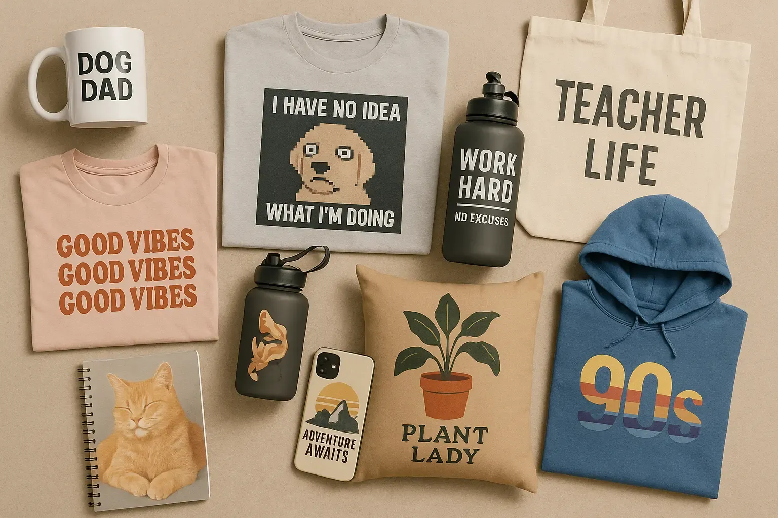 A flat lay of 10 different print-on-demand items, each representing a different niche