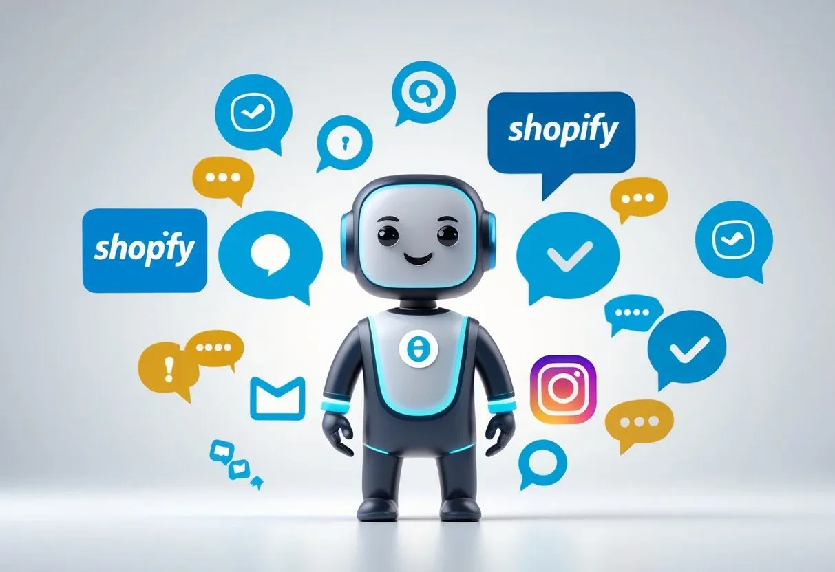 A friendly virtual assistant  standing between various ecommerce logos and icons representing questions and answers..webp