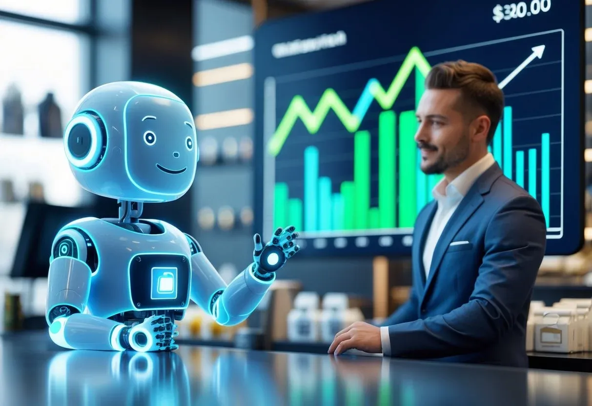 A glowing chatbot character assisting a store owner by: Answering repetitive questions Offering product suggestions Showing a sales graph rising in the background. The scene emphasizes efficiency, time saved, and higher conversions.