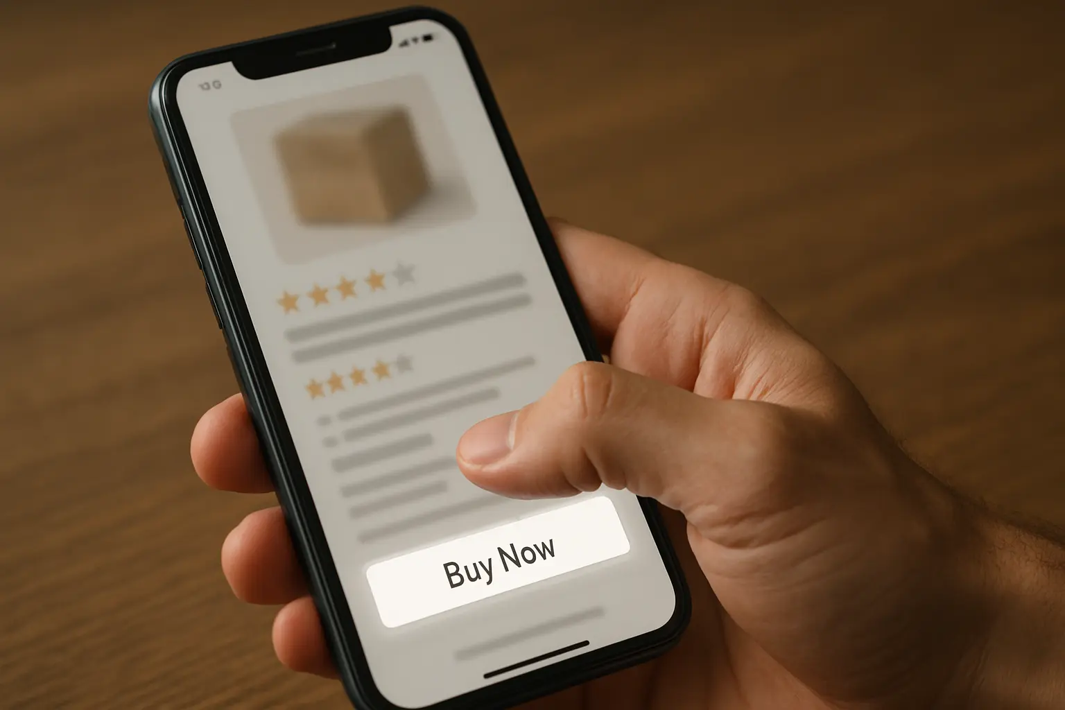 Close-up of a hand about to tap a Buy Now button on a smartphone product page, with product images and star ratings visible above.