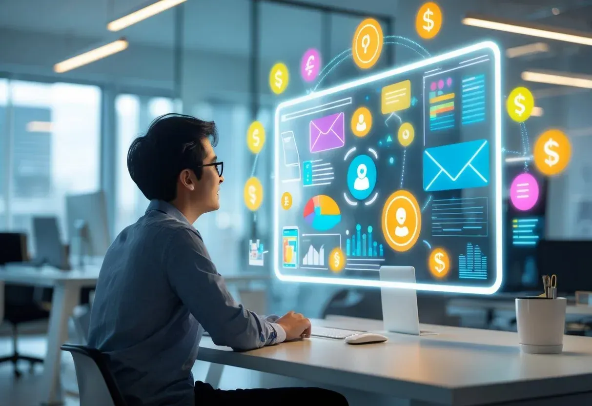 A person sits at a desk looking thoughtfully at a large futuristic screen