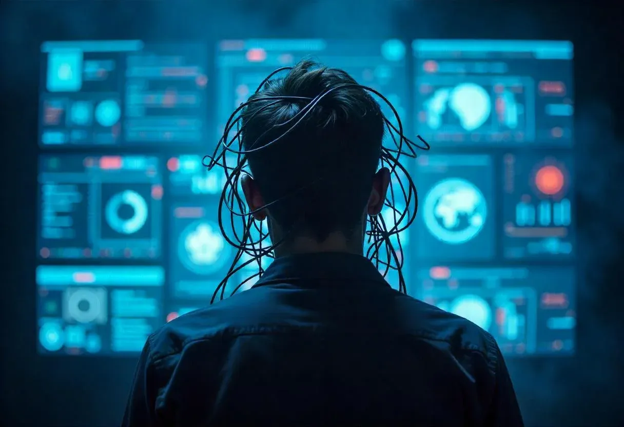 A person tangled in wires and overwhelmed by multiple overlapping digital dashboards.