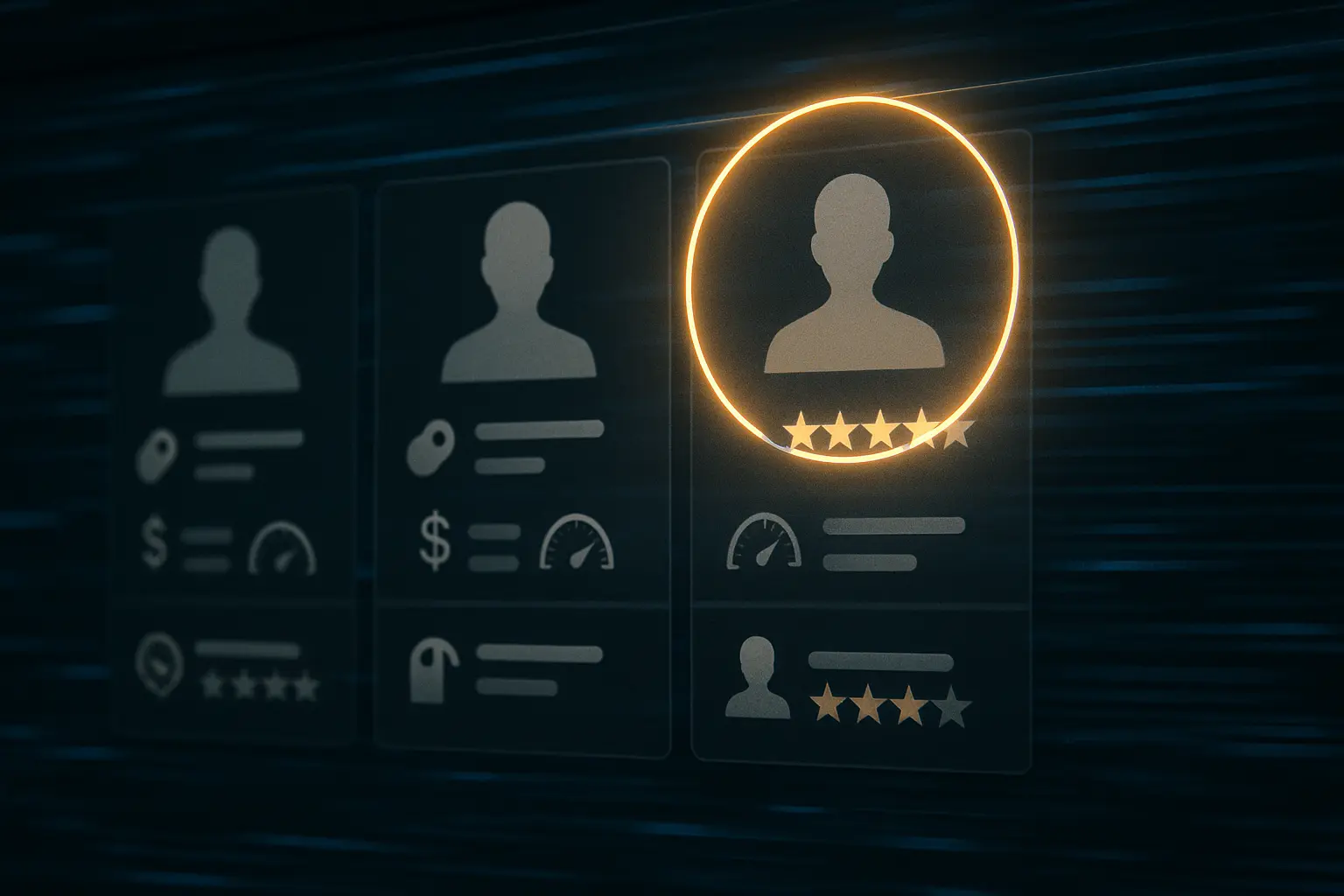Digital dashboard displaying multiple seller profiles with icons for pricing, performance, and ratings; one profile is highlighted to show active selection, while others are dimmed.