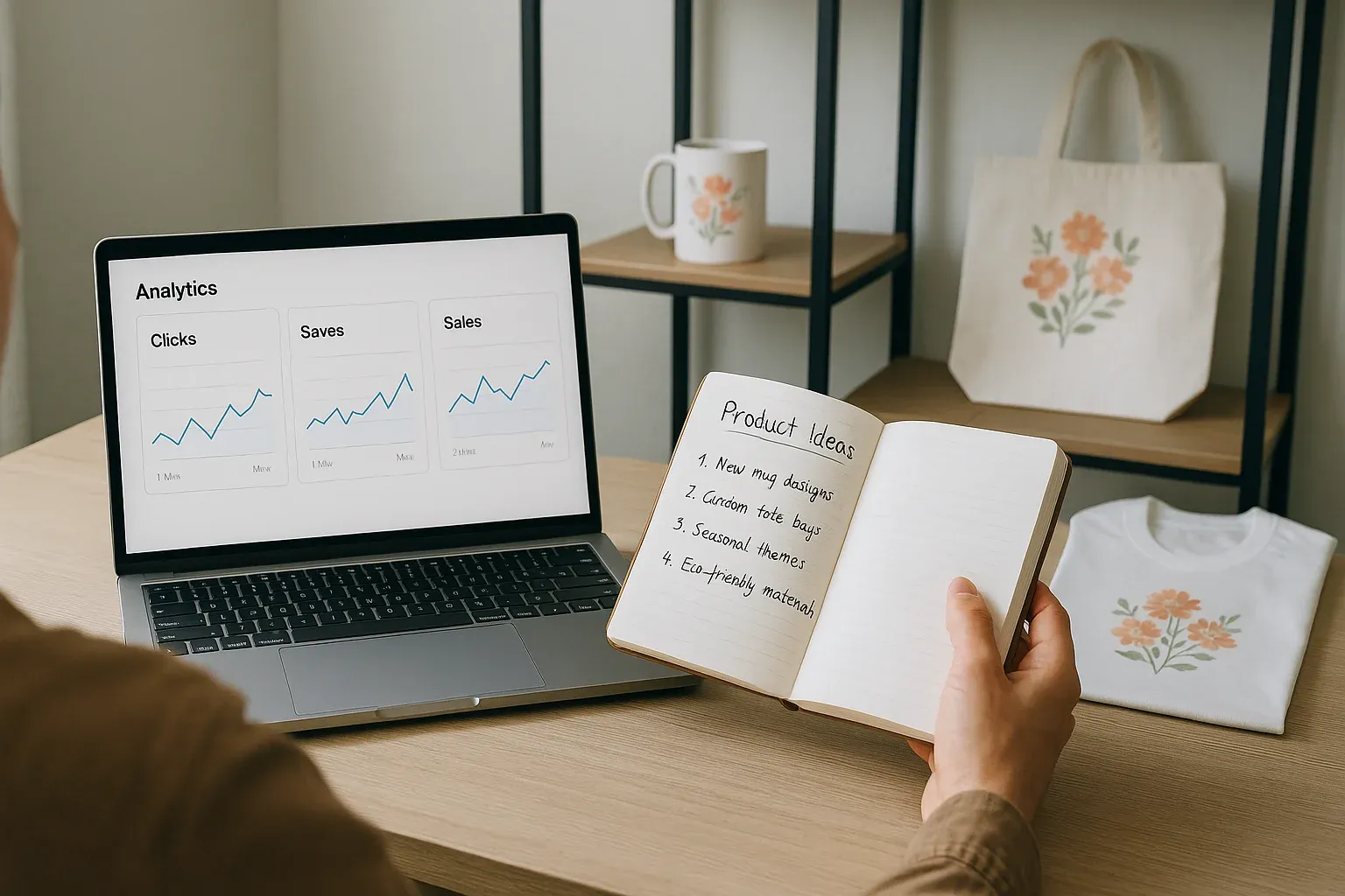 A realistic-style digital image of a person sitting at a desk, viewing a laptop screen with visible analytics graphs labeled Clicks, Saves, and Sales.
