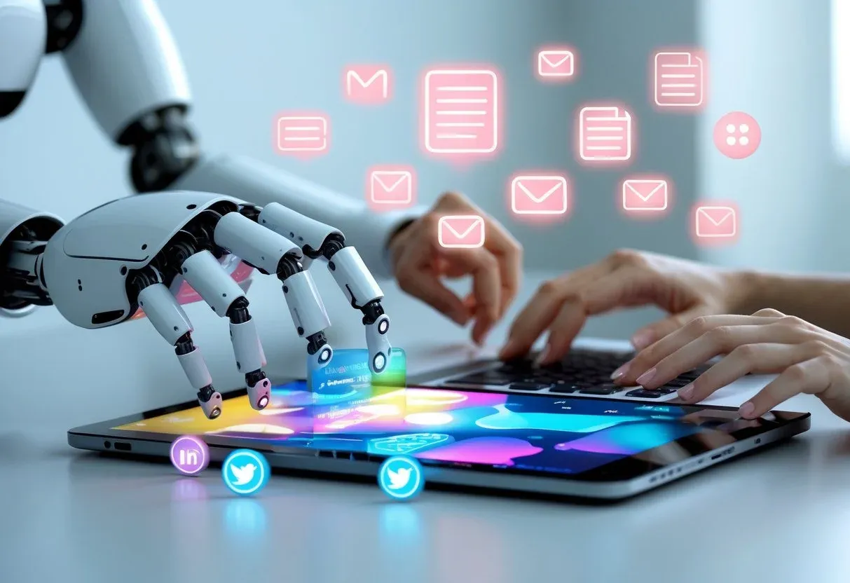 A robotic hand and a human hand co-create digital content together