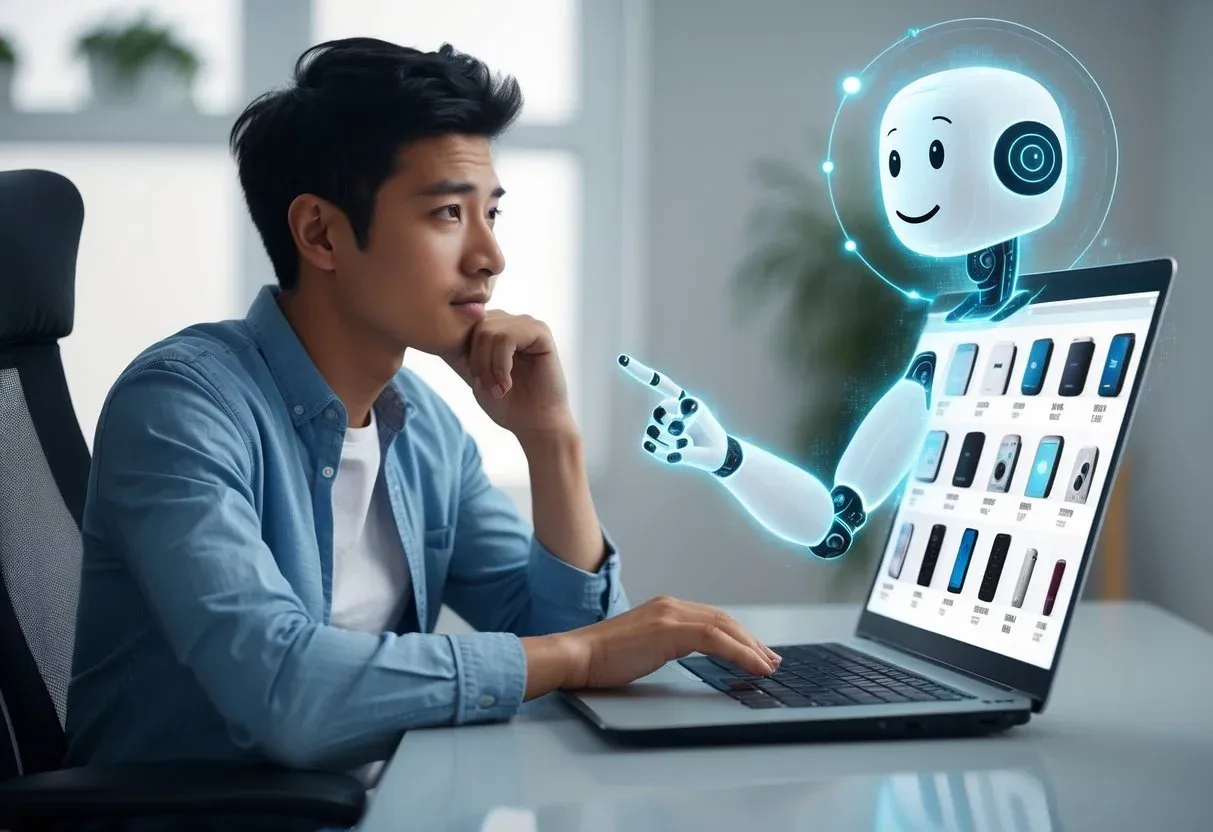 A shopper looking at multiple similar products on their laptop, appearing unsure, while a digital chatbot (depicted as a glowing assistant or avatar) subtly points toward one perfect product—clearly guiding their decision with confidence.