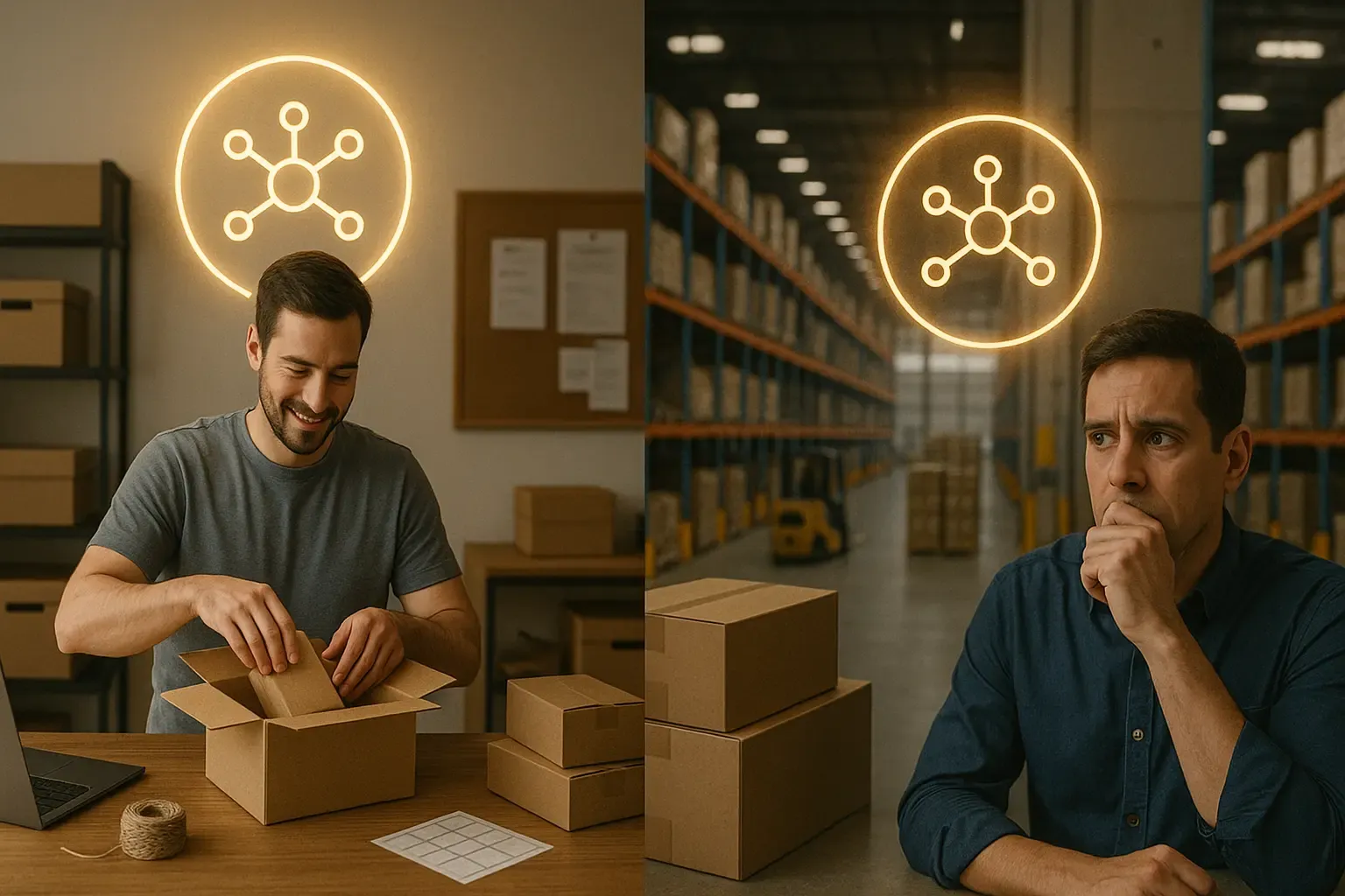 Split scene showing a small seller confidently packing at home and another watching a large warehouse seller, with an Amazon algorithm icon shining equally on both.