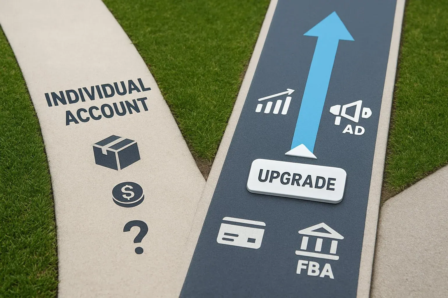 A split-screen image showing two sellers starting on the same path..webp