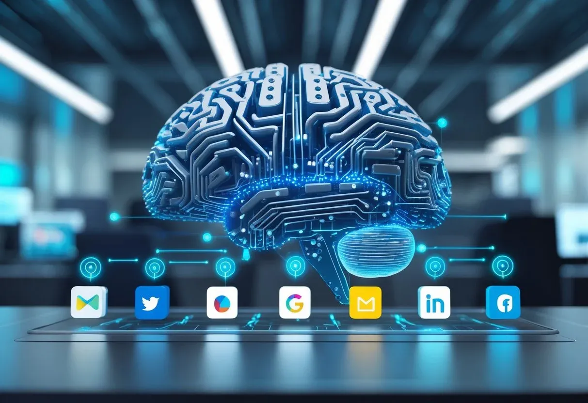 A visual metaphor of an AI brain made of circuitry hovering above marketing tools