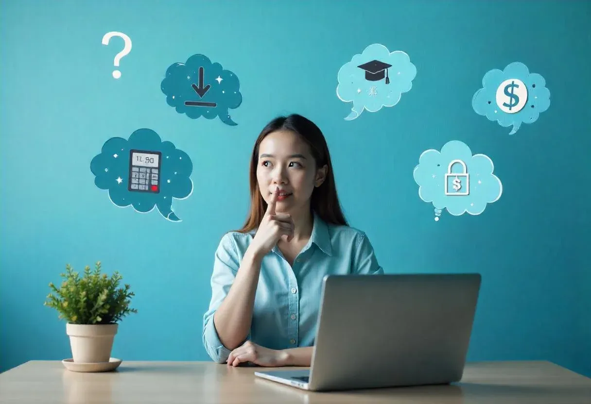 A visual of a person sitting at a desk surrounded by floating question bubbles.webp