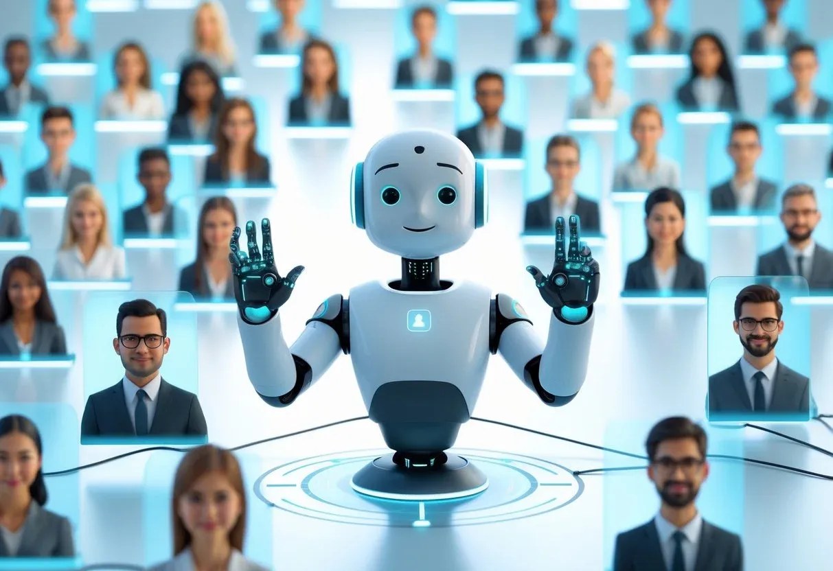 An AI chatbot calmly handling a surge of customer chats at once—dozens of chat windows open around it with varied customer avatars, while the bot responds confidently with gesture-like animations.