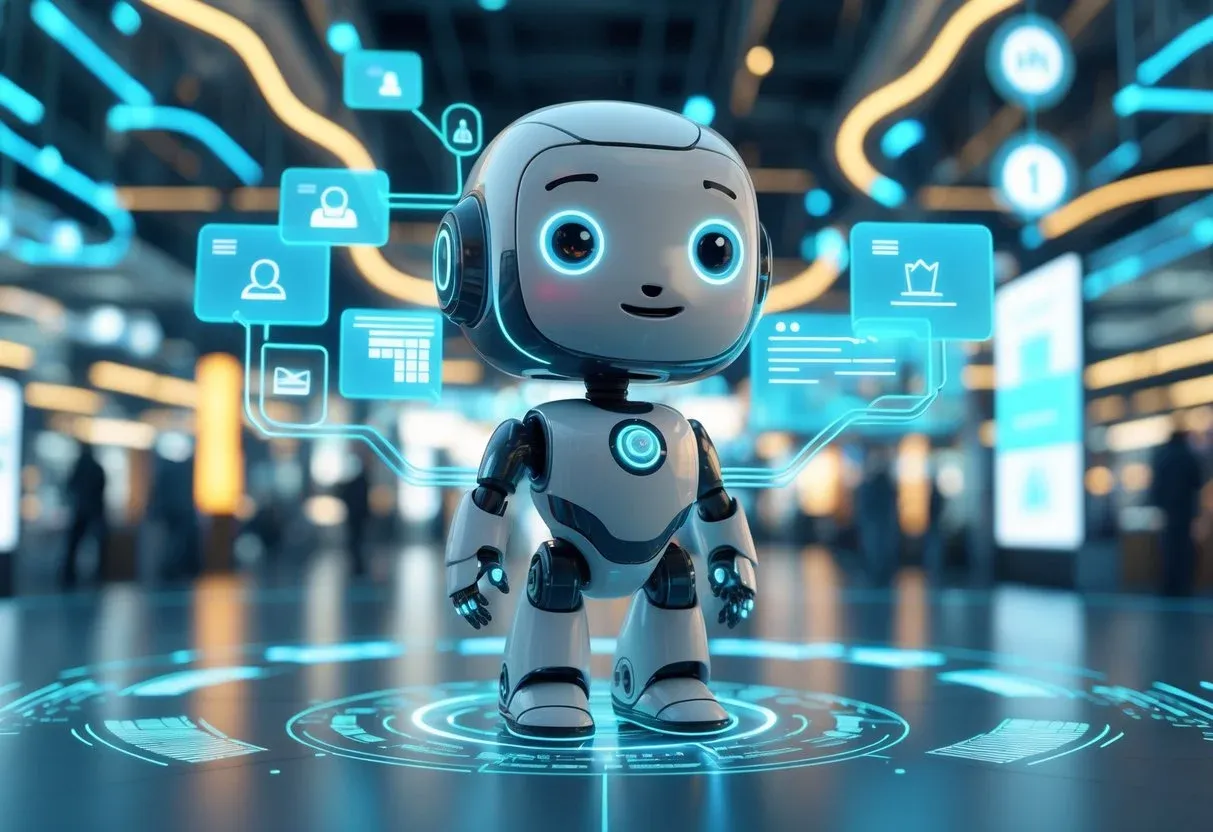An AI chatbot character standing confidently in the center of a busy digital marketplace, with glowing lines connecting to shoppers, order systems, and customer service icons—showing it managing multiple tasks simultaneously.