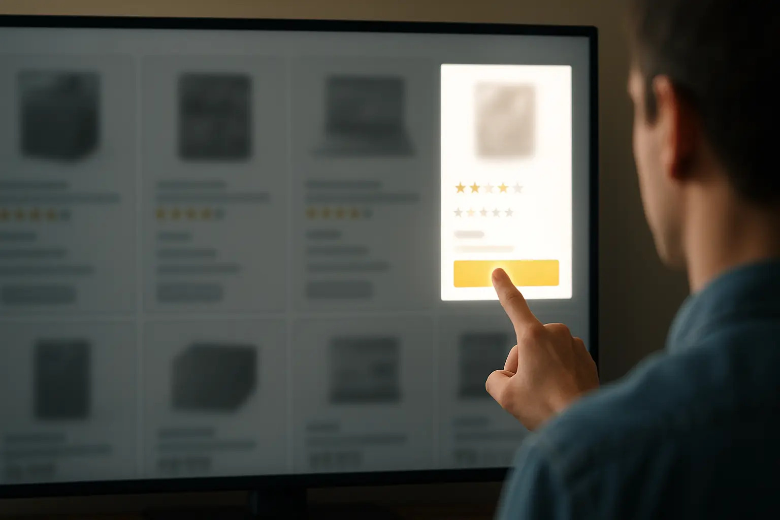 Digital product page with one seller’s glowing offer highlighted, while other listings fade in the background; a shopper taps the bright box, representing the Buy Box win.