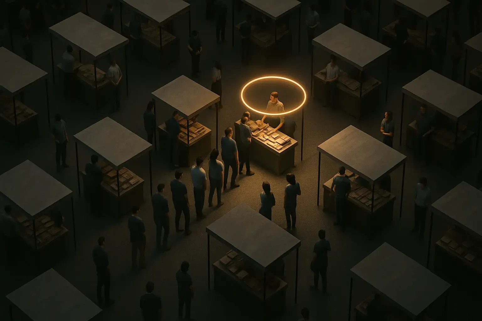 Overhead view of a busy marketplace with many seller booths; one booth is spotlighted with a glowing halo and a line of customers, while others remain empty.