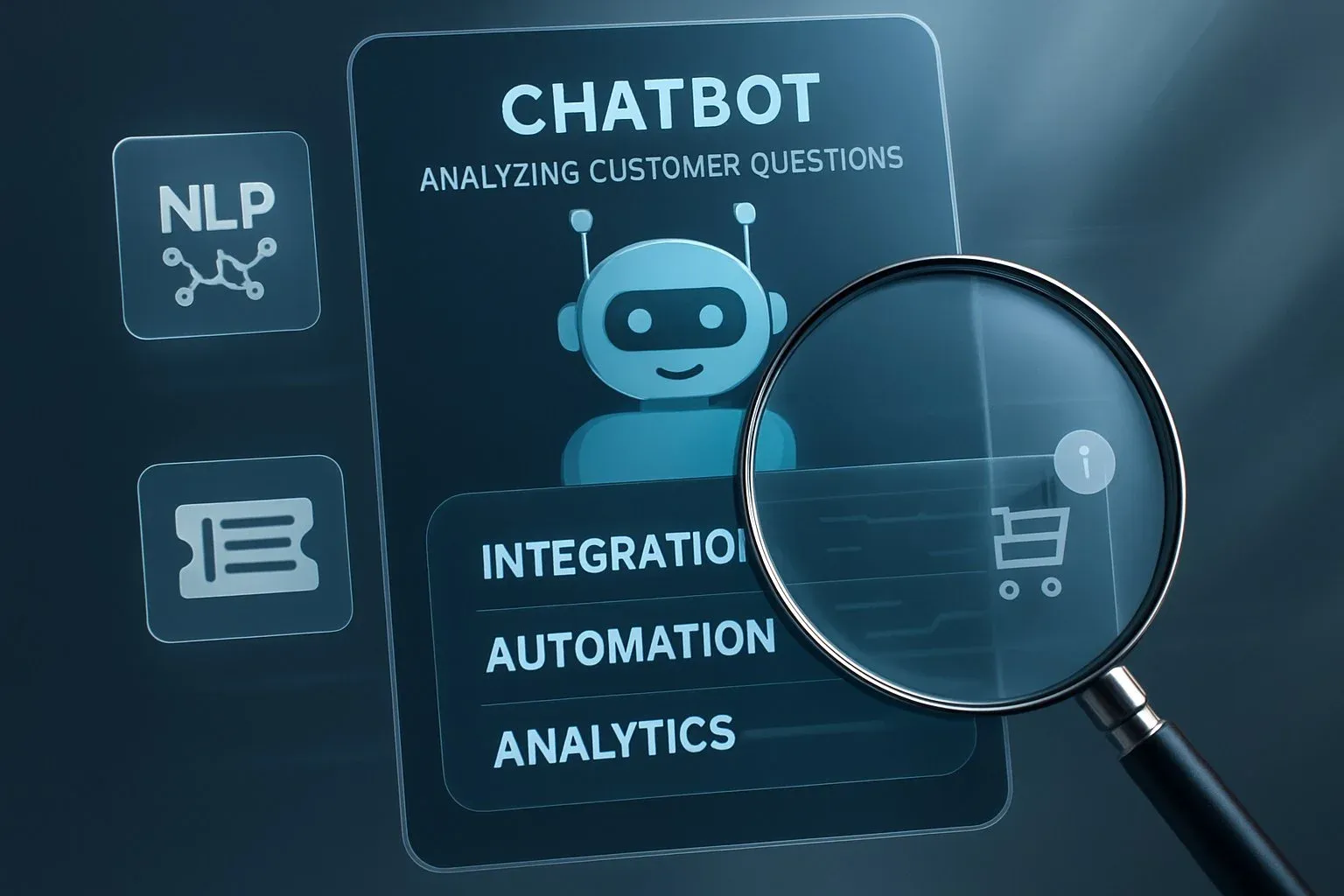 Chatbot analyzing customer questions with icons for NLP, support tickets, and cart reminders hovering around