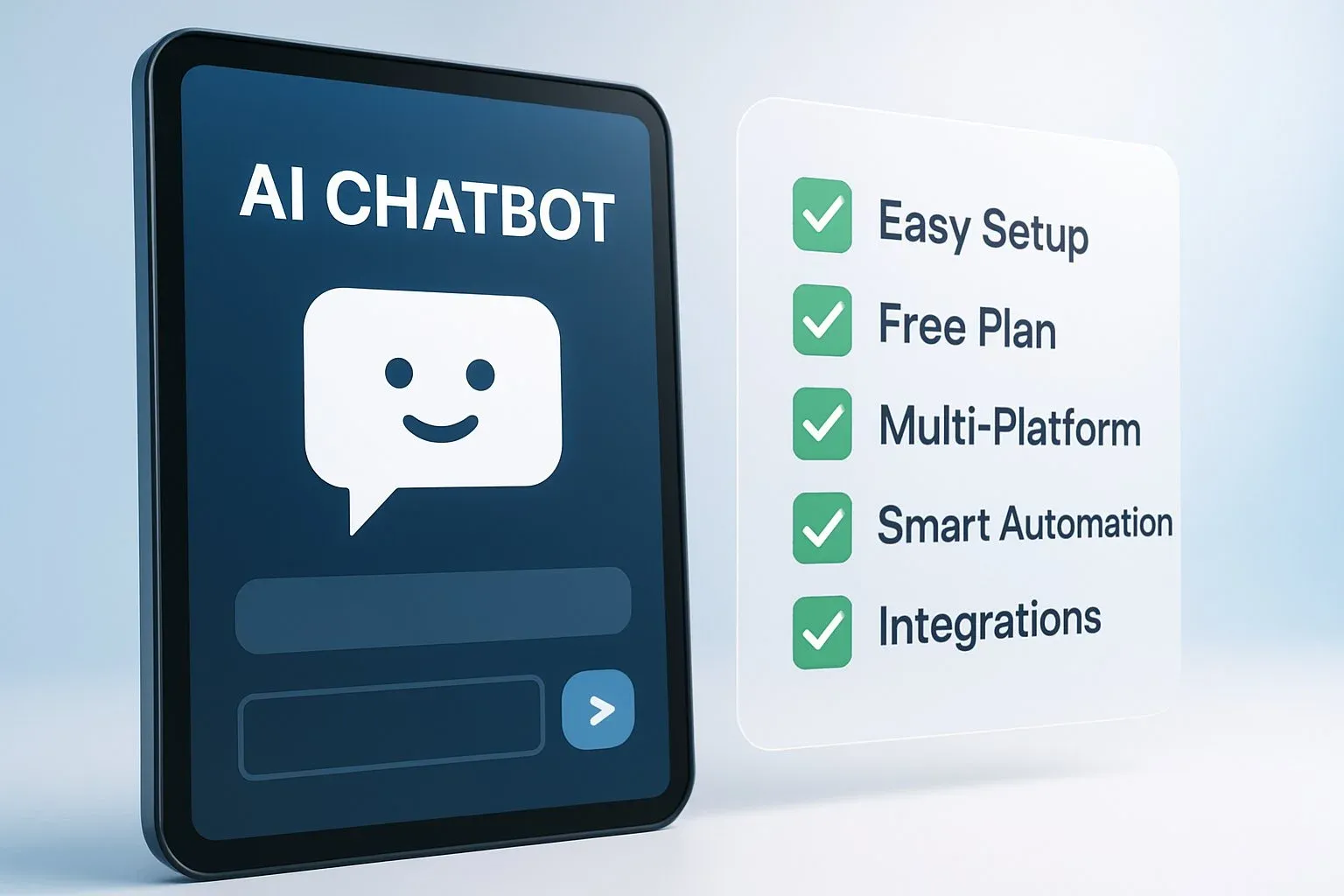Checklist floating beside an AI chatbot: “Easy Setup,” “Free Plan,” “Multi-Platform,” “Smart Automation,” and “Integrations,” with checkmarks beside each.