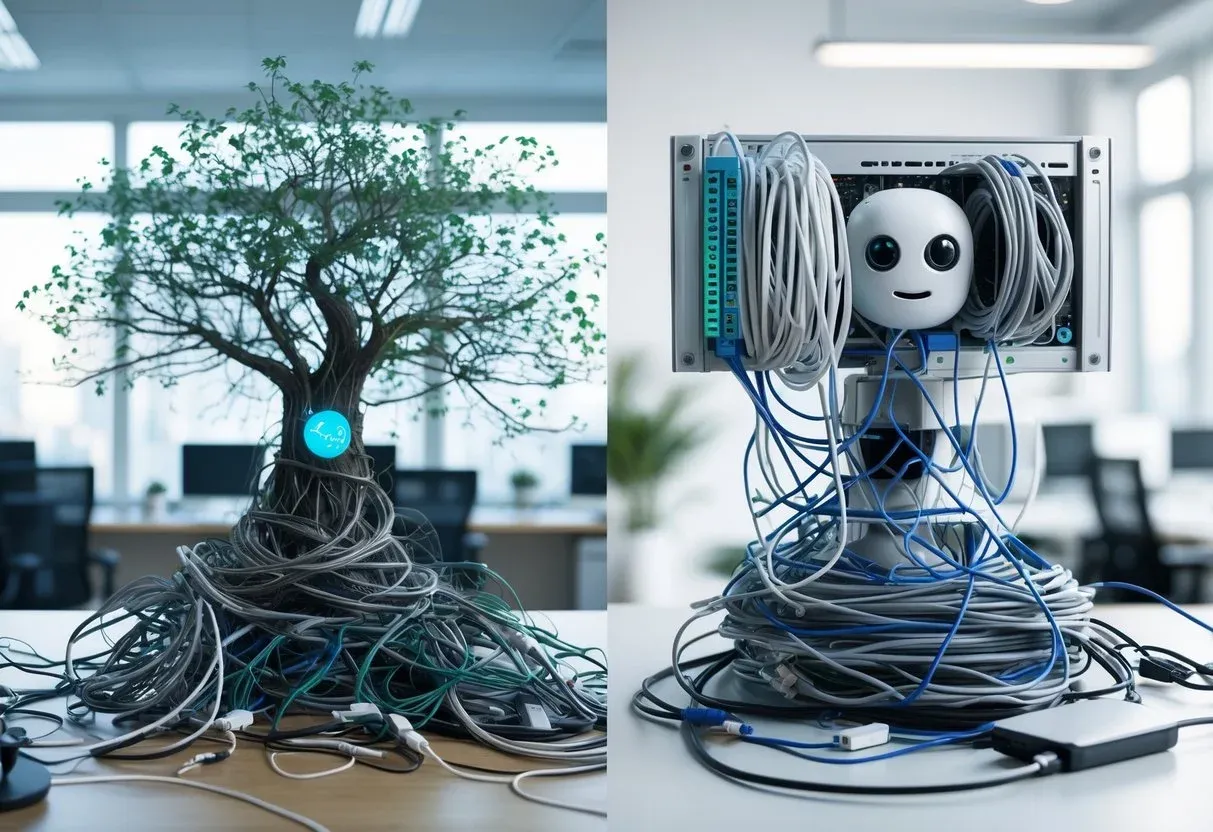 Overgrown chatbot tree with tangled wires representing poor setup and no updates, vs. a clean chatbot setup that’s tested and maintained