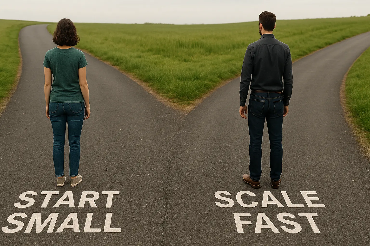 Two roads labeled “Start small” and “Scale fast”: Sellers standing at each road, based on their goals.