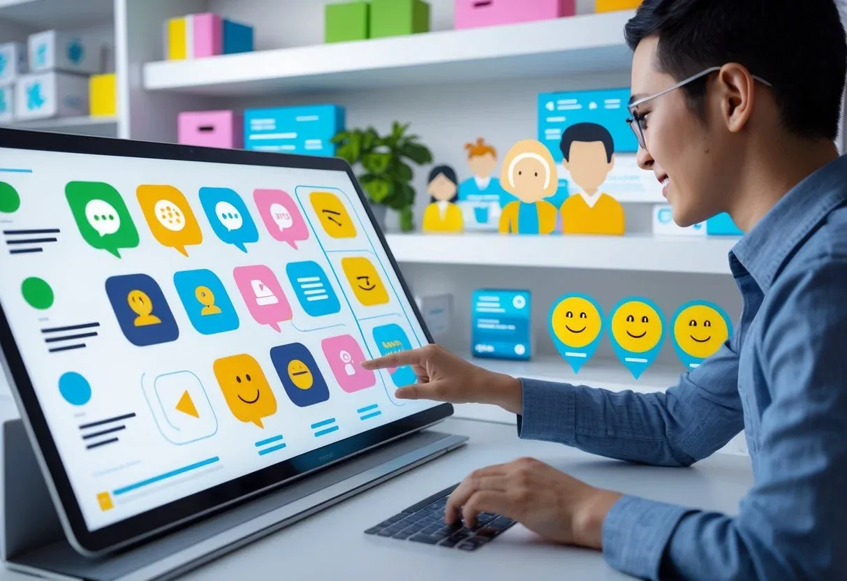 a person dragging shapes and icons into a visual interface on a large touchscreen or laptop.webp