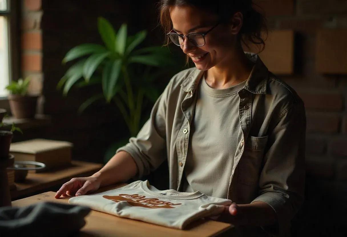 a person proudly packaging a shirt with a unique niche design.webp